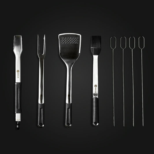 The HexClad BBQ Tool Set, 8pc, against a black background.